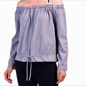 NWT Theory Odettah Top Off The Shoulder Seersucker Striped Blouse Shirt Blue M